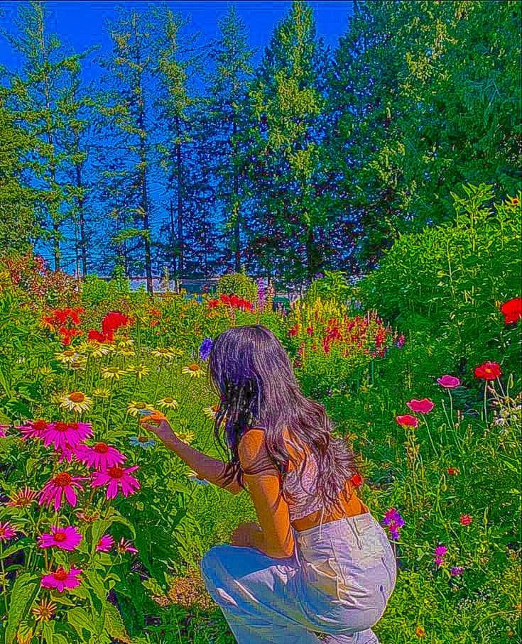 A Woman Kneeling Down In A Flower Garden