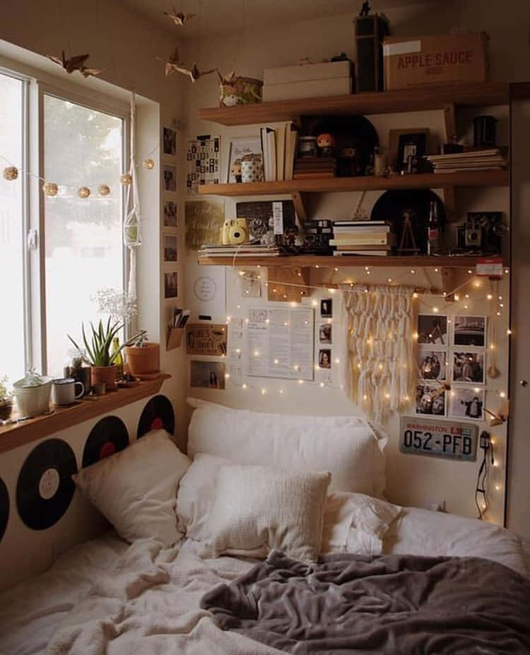 A Bed With A Lamp And A Shelf With Lights