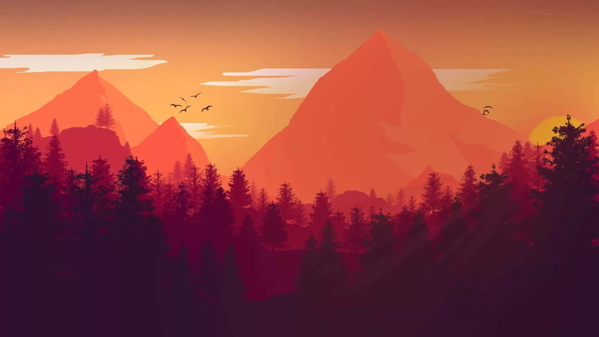 A Mountain Landscape With Birds And Trees At Sunset