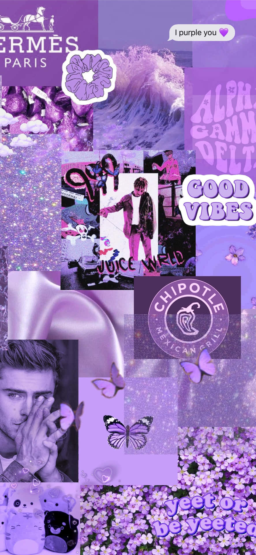 A Purple Collage With Many Pictures Of People Wallpaper
