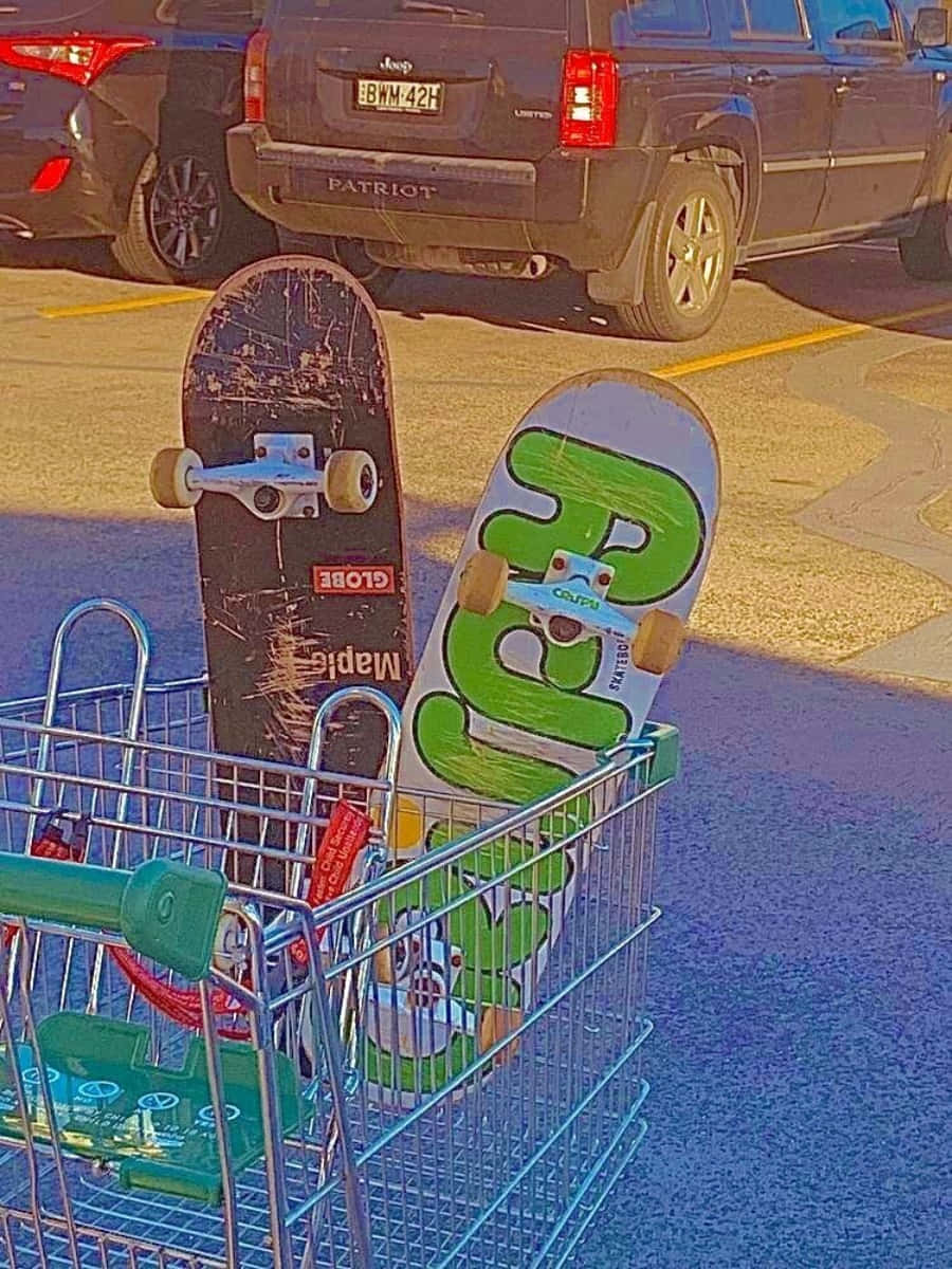 A Shopping Cart With A Skateboard