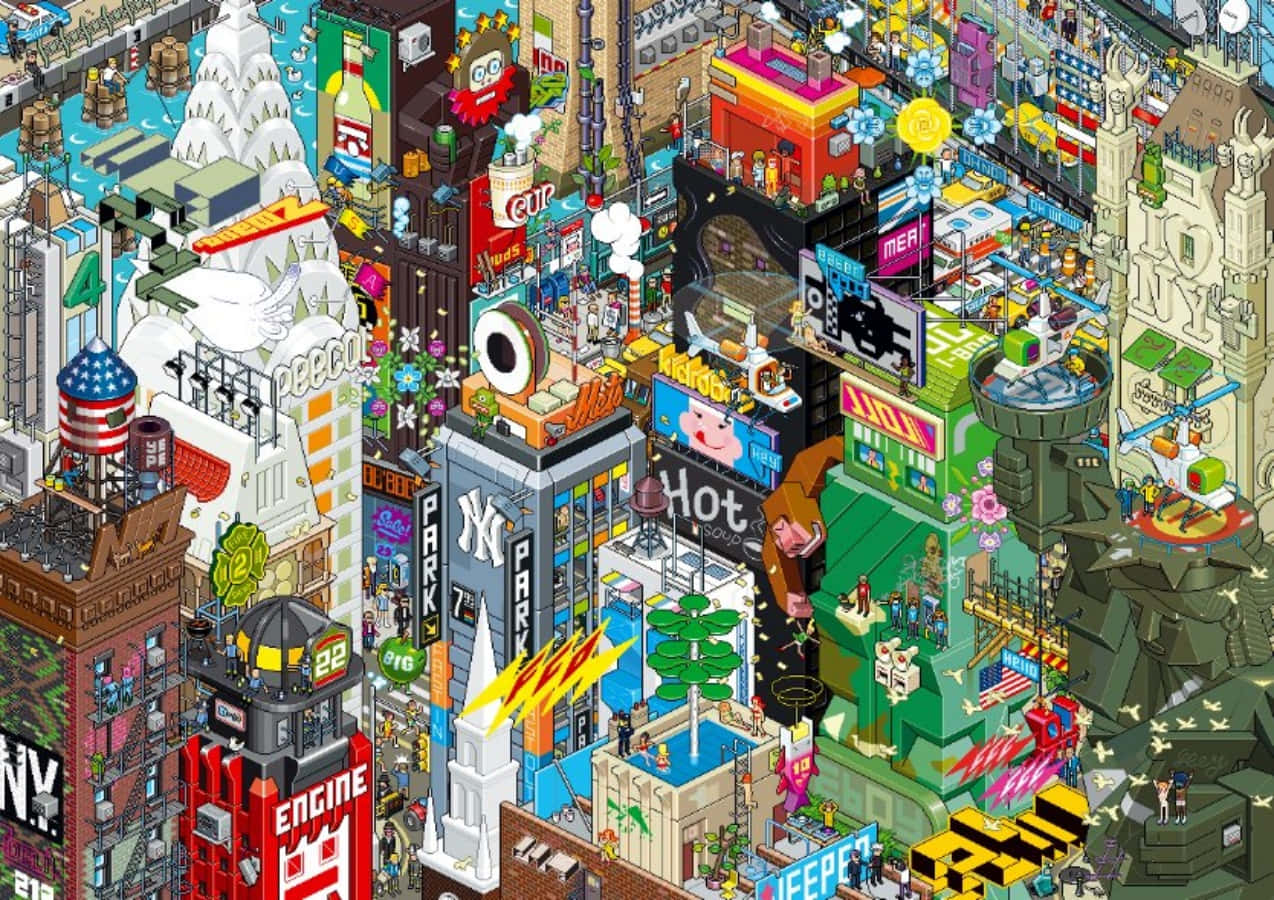 Entecknad Illustration Av En Stad Med Många Byggnader Och Byggnader