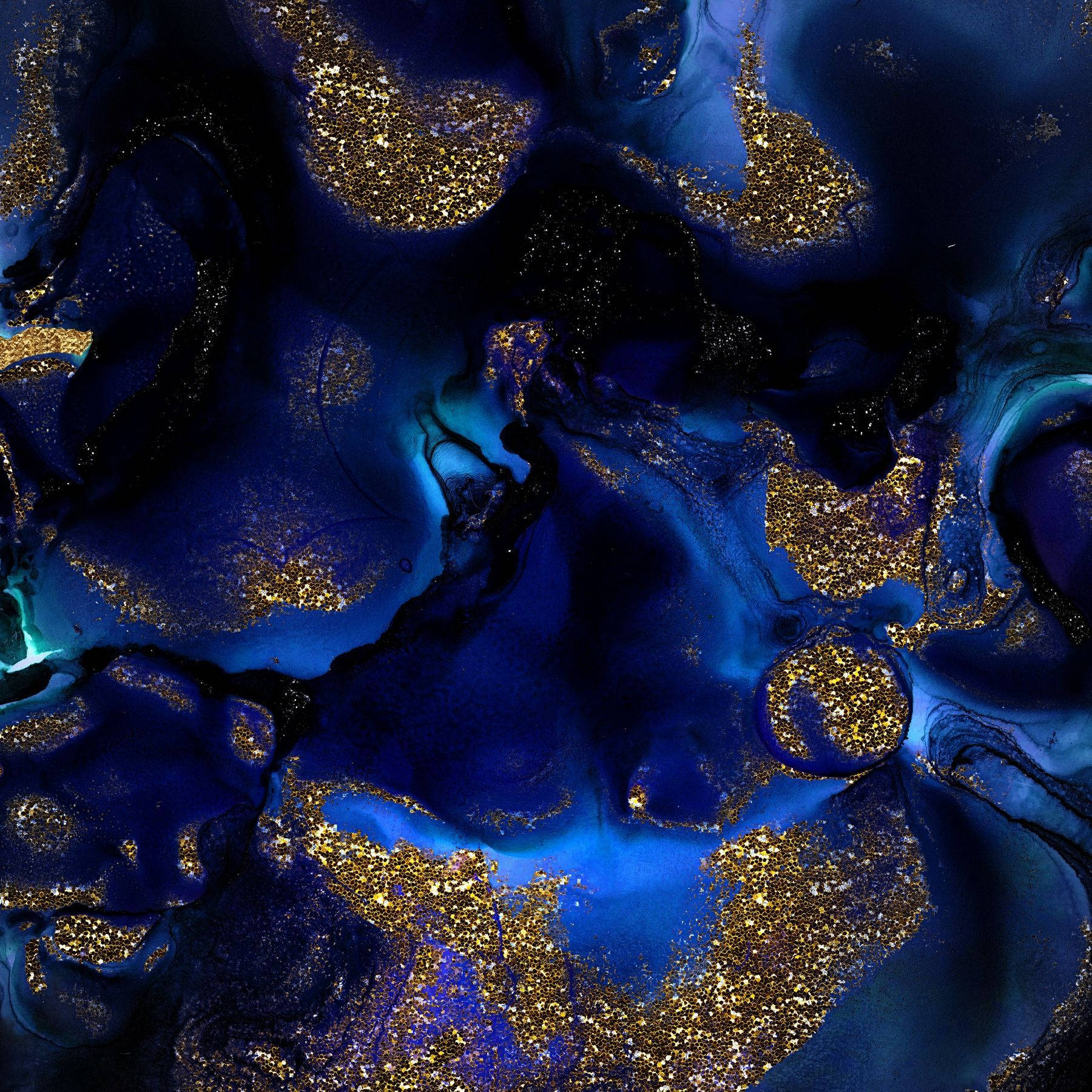 A Blue And Gold Painting With A Black Background Wallpaper
