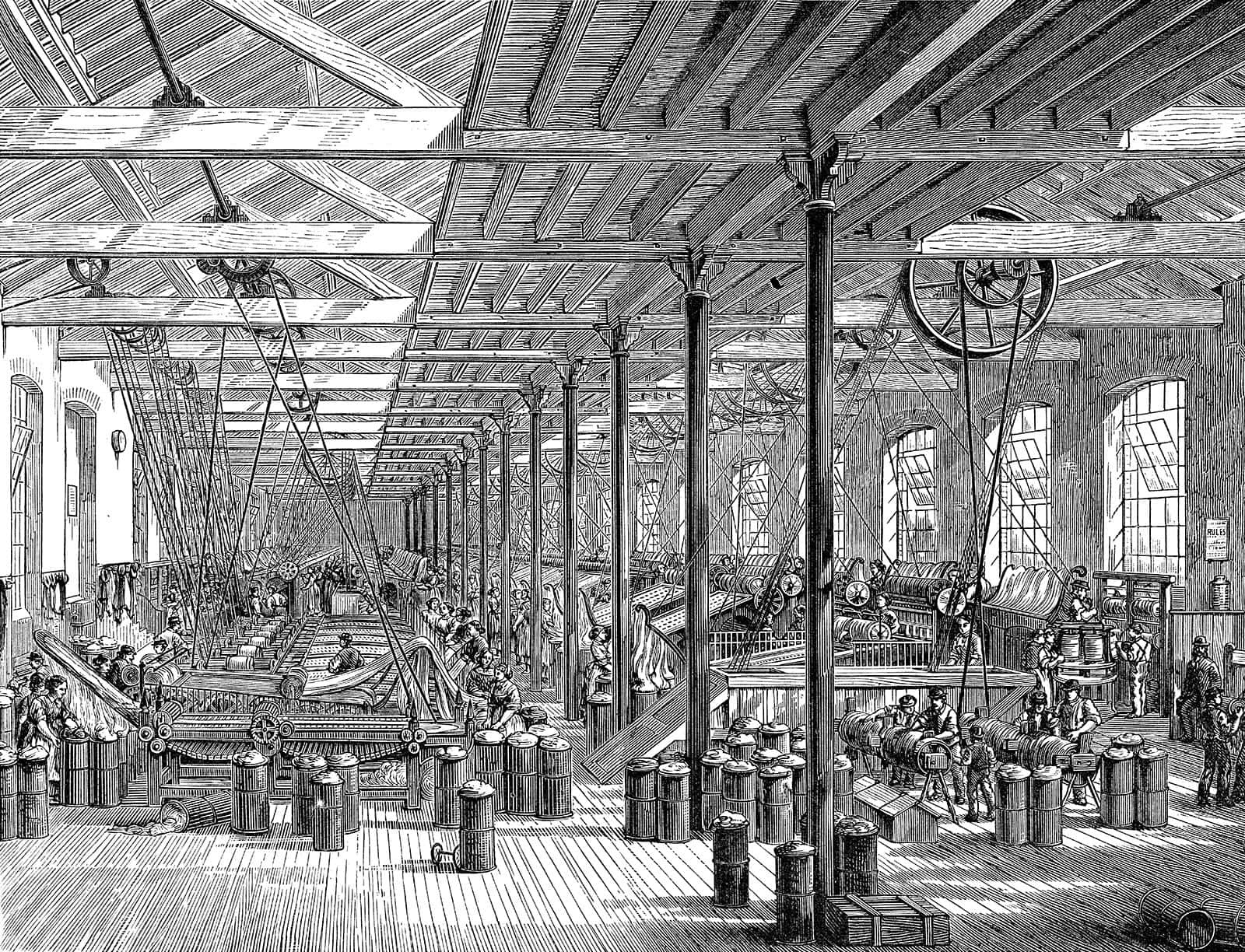 An Old Drawing Of A Factory With Many People