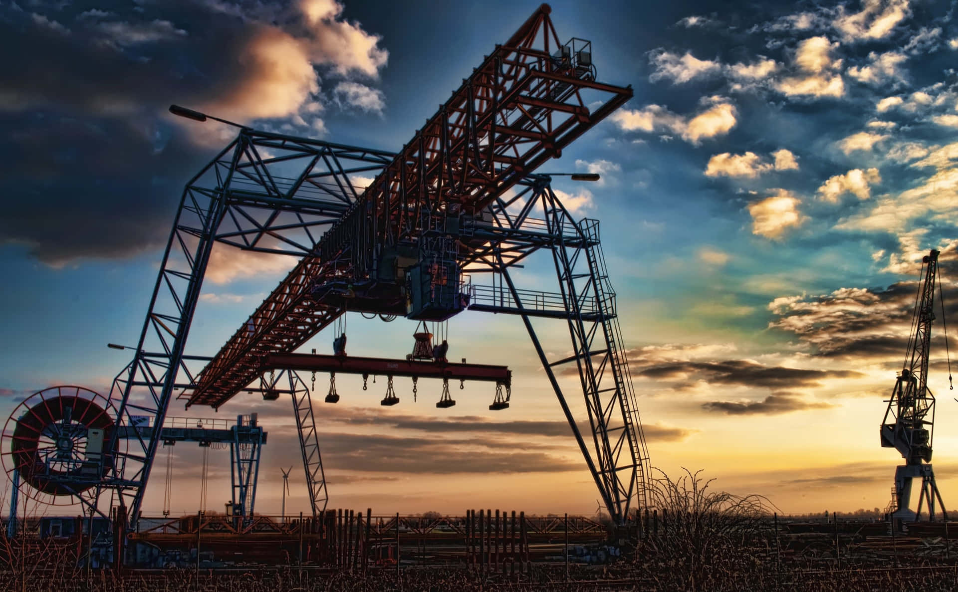 Industrial Sunset Cranes Wallpaper