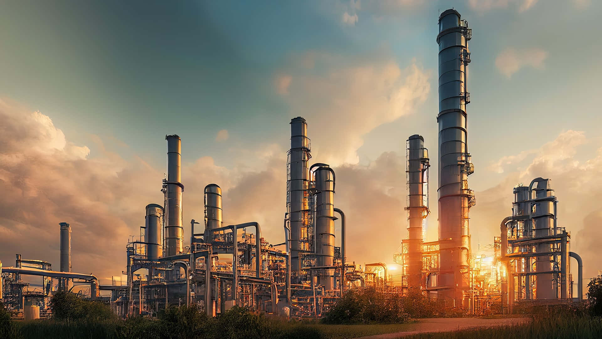 Industrial Sunset Refinery Landscape Wallpaper