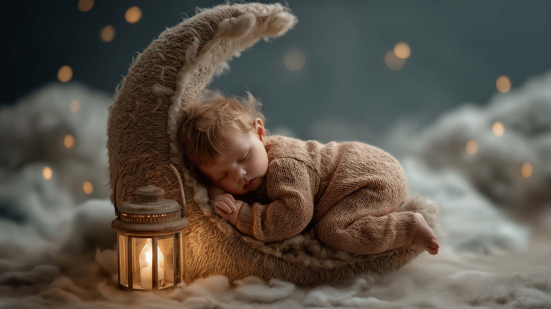 Infant Asleep On A Celestial Moon With A Soft Lantern Glow Wallpaper