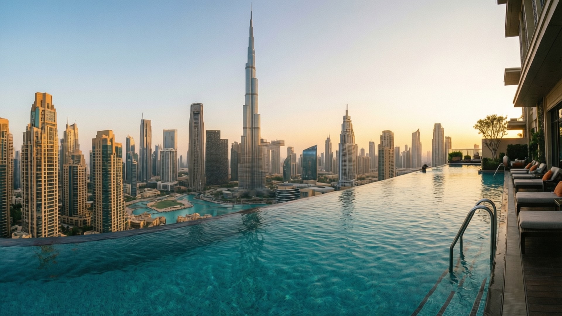 Infinity Pool Skyline View Achtergronden — Luxe oneindig zwembad met de skyline van Dubai.