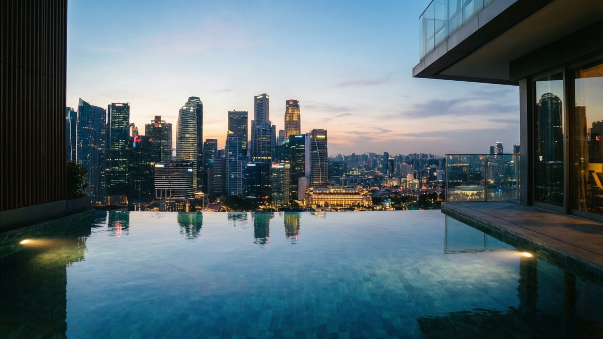 Una vista lussuosa dello skyline della città da un balcone di un grattacielo con una piscina a sfioro.