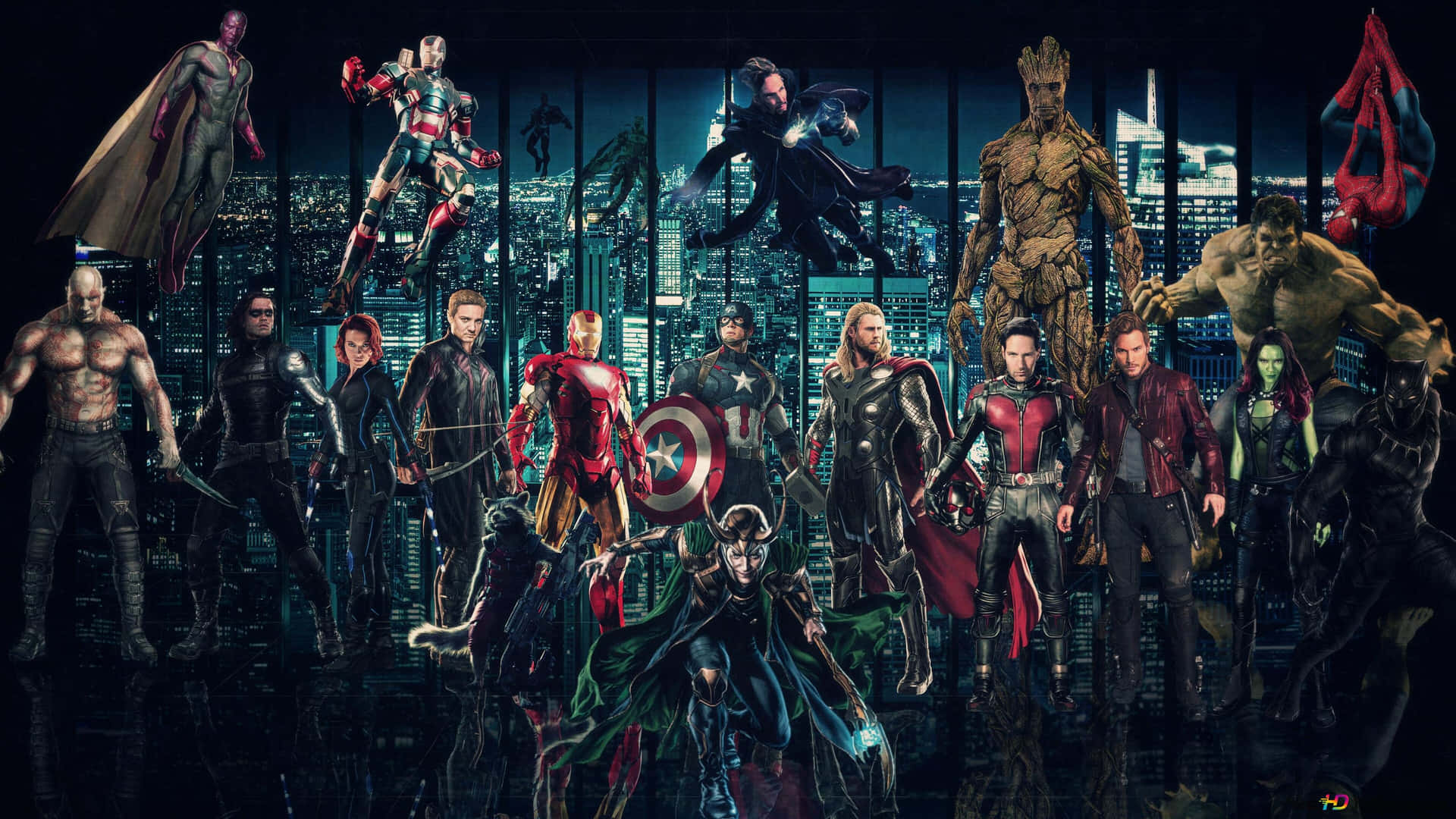 Avengers figurer står foran en by silhuet Wallpaper