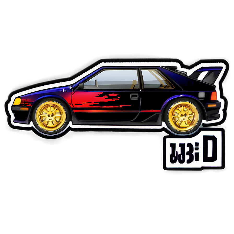 initial d a PNG — A stylized sticker of a blue and red sports car with gold rims and a white outline against a gray background.