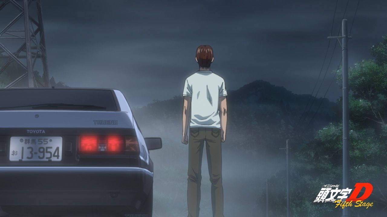 Initial D Takumi Wallpaper — A lone anime boy stands beside a Toyota Trueno at dusk under a stormy sky with misty hills in the background.