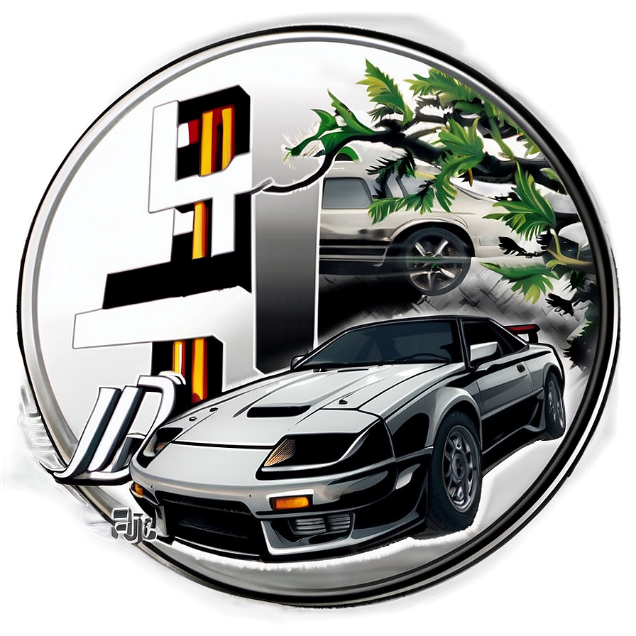 initial d b PNG — A silver sports car with black accents and racing stripes is framed in a circular emblem with stylized lettering and green foliage.