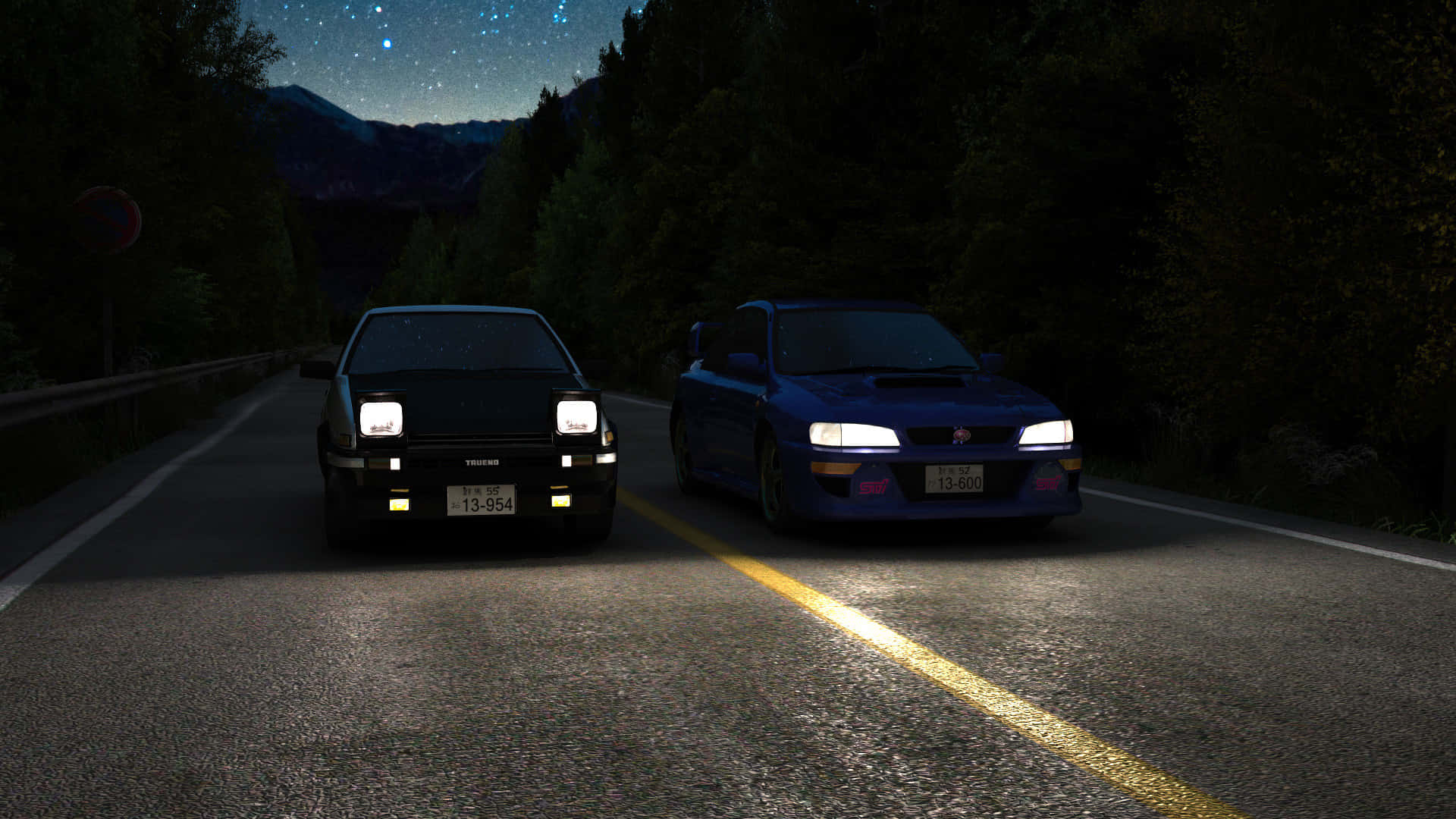 Toyotaae86 Und Subaru Impreza Nachtrennen Initial D Hintergrund