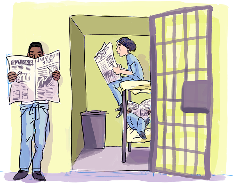 Inmates_ Reading_ Newspaper_in_ Cell_ Block PNG