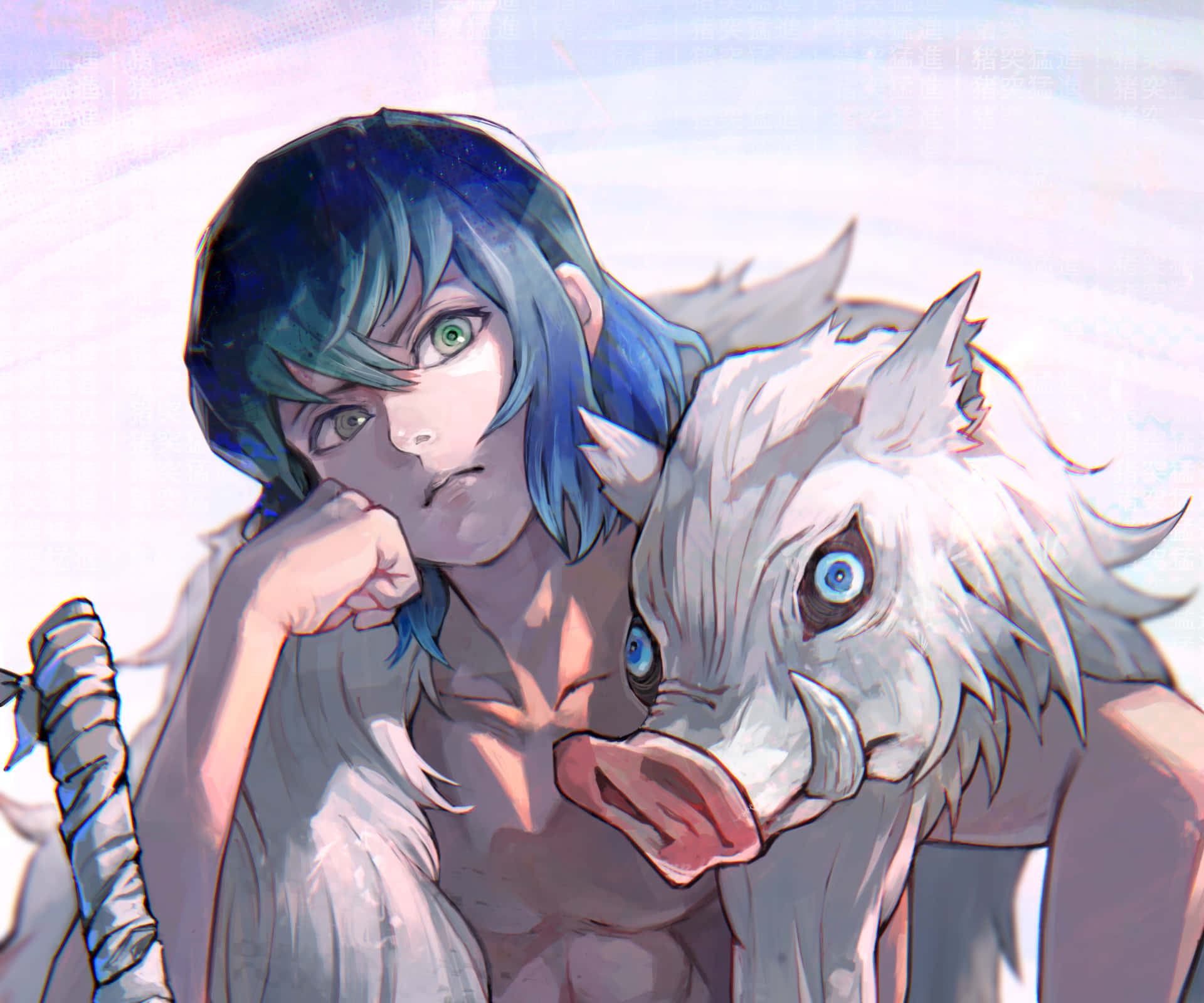 A Girl With Blue Hair And A Wolf Wallpaper