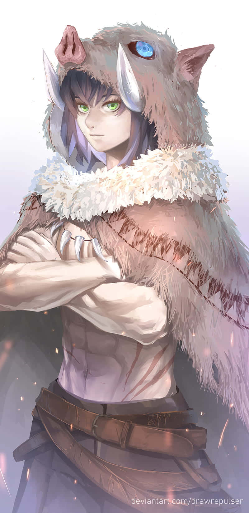 En karakter med en ulv kappe og blå øjne Wallpaper