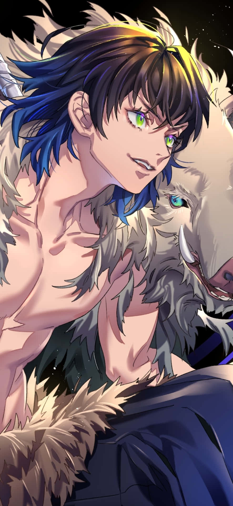 En dreng med blåt hår og en ulv på hans skulder. Wallpaper