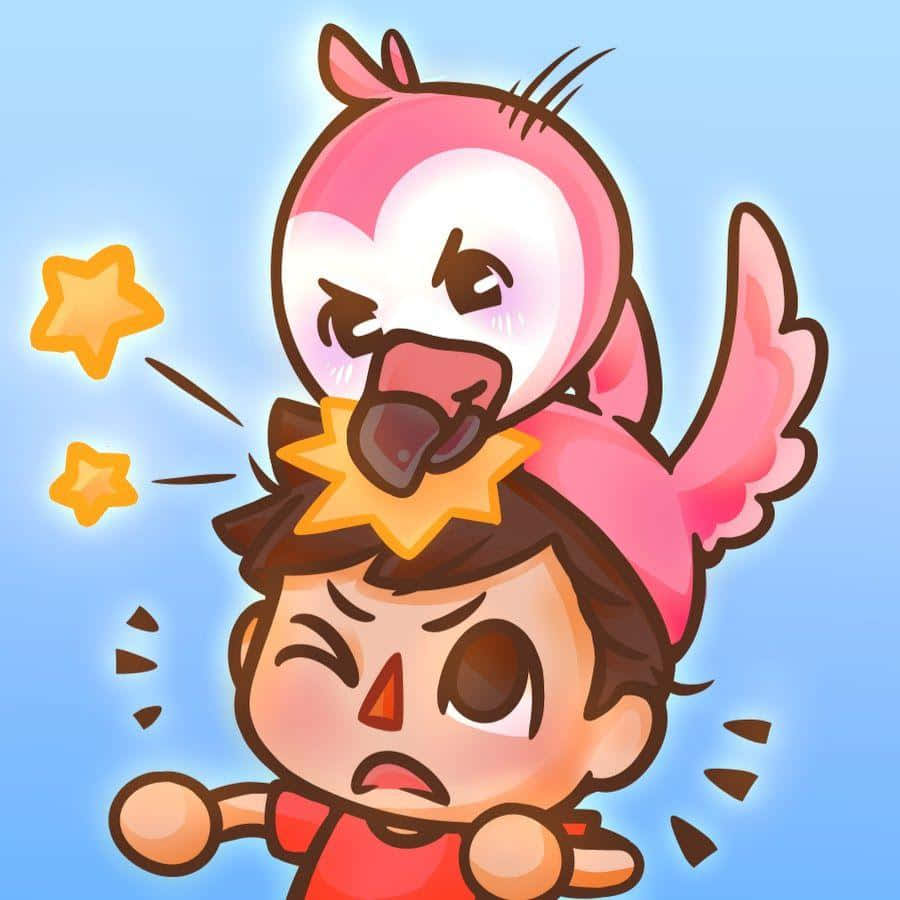 A Cartoon Of A Boy With A Pink Bird On His Head Wallpaper