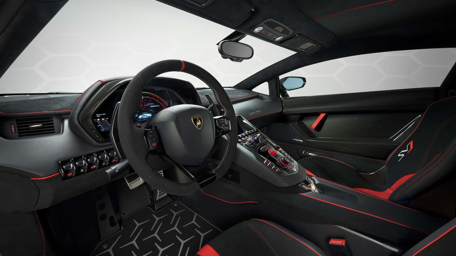The Interior Of A Sports Car With Red And Black Interior Wallpaper