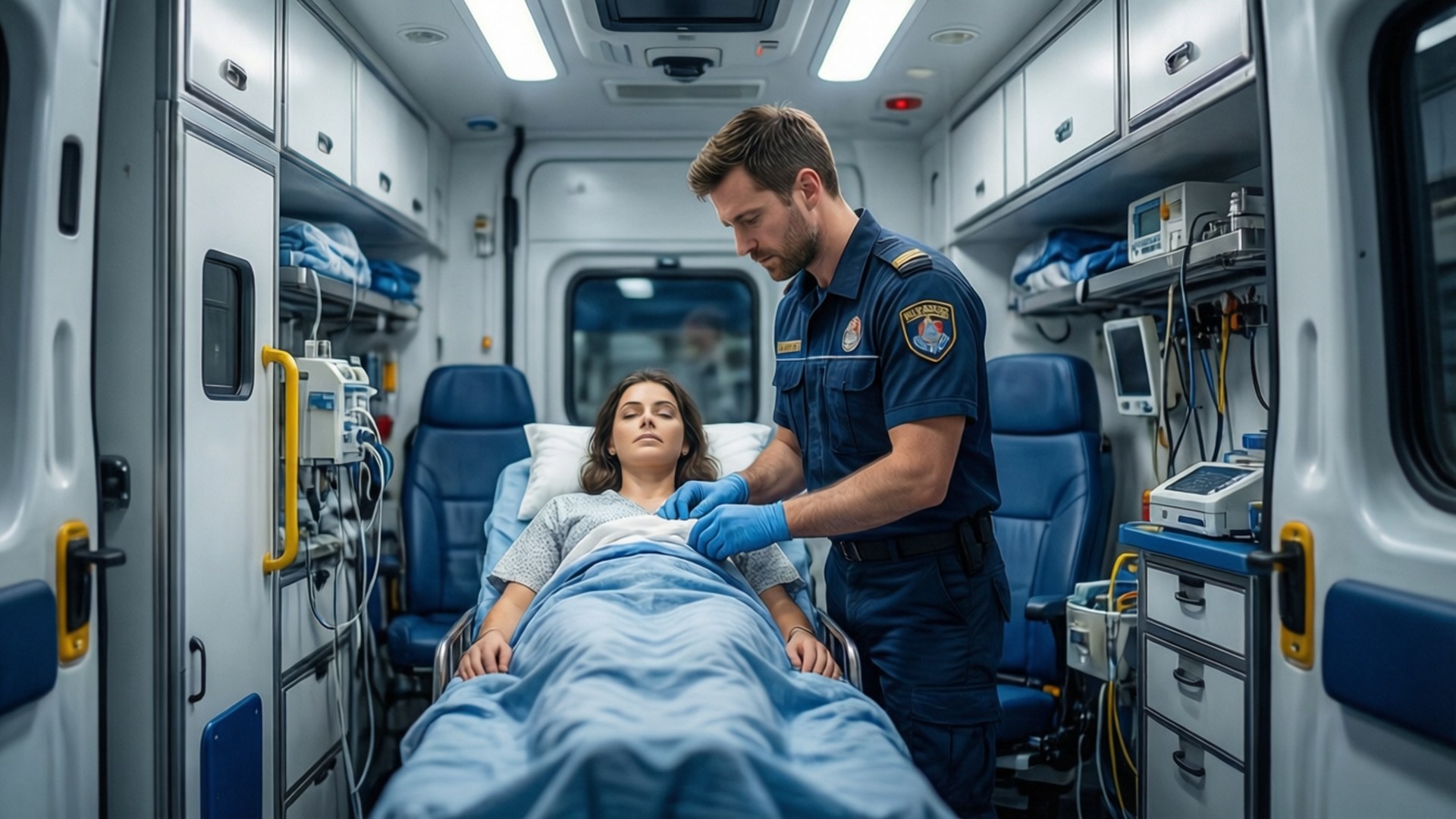 All'interno del Pronto Soccorso Sfondi — Un tecnico medico di emergenza controlla i parametri vitali di un paziente all'interno di un'ambulanza ben attrezzata sotto luci fluorescenti brillanti.