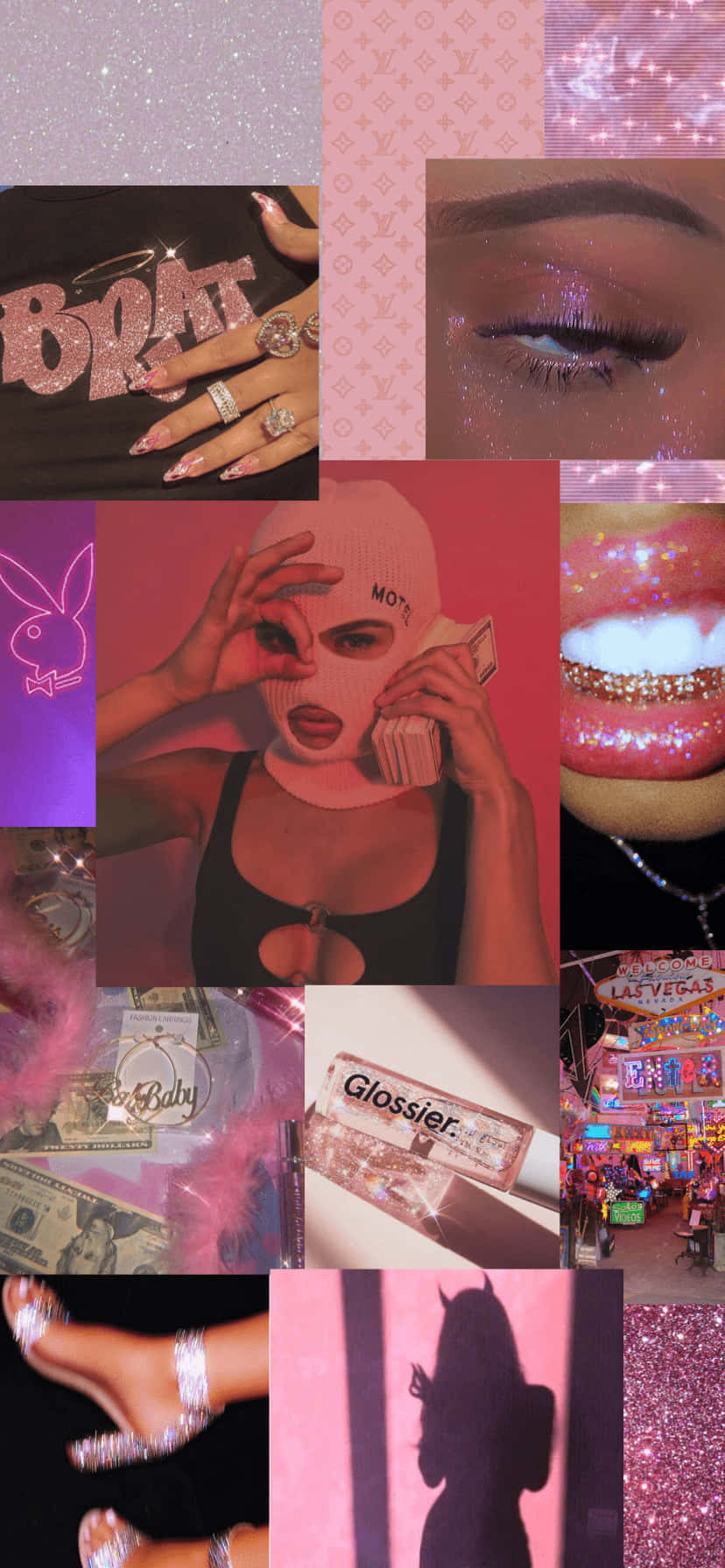 En collage af billeder af folk med pink makeup. Wallpaper