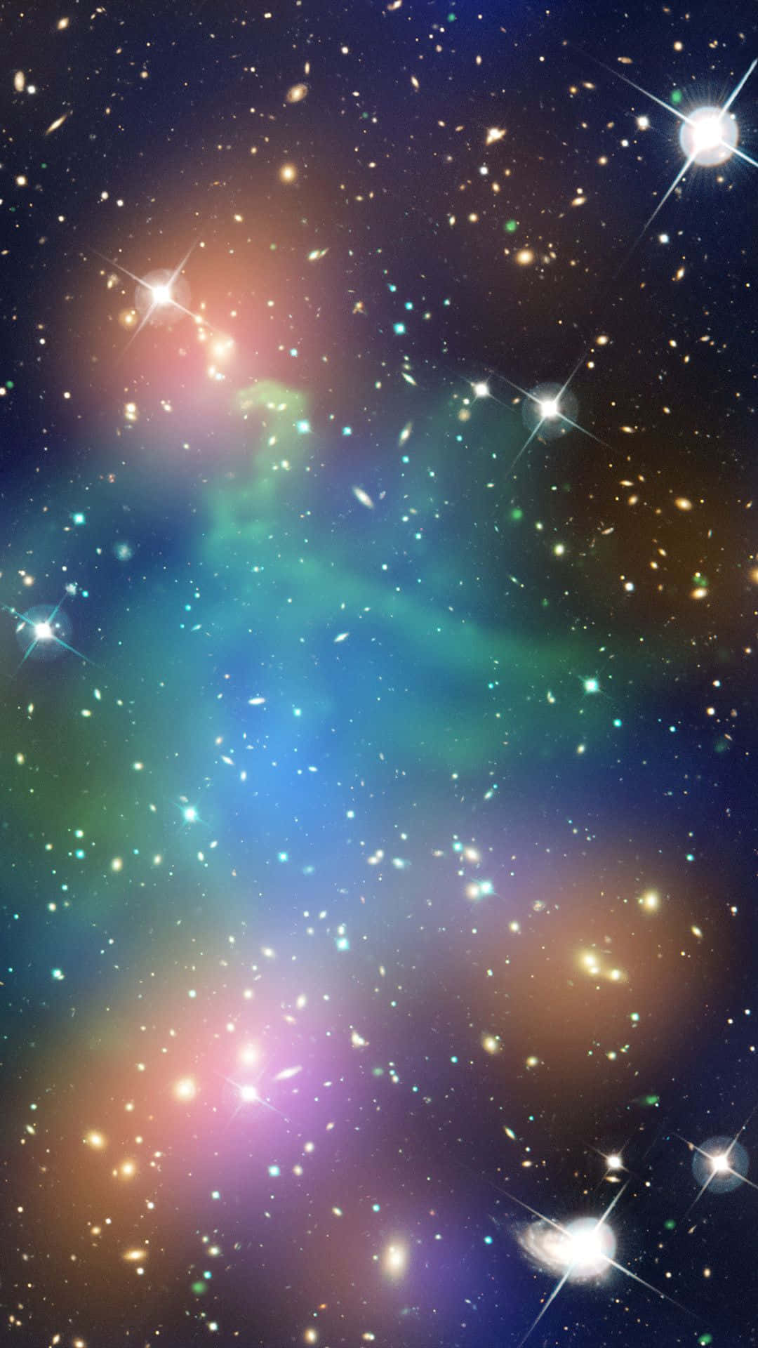 a colorful galaxy with stars and a green blob