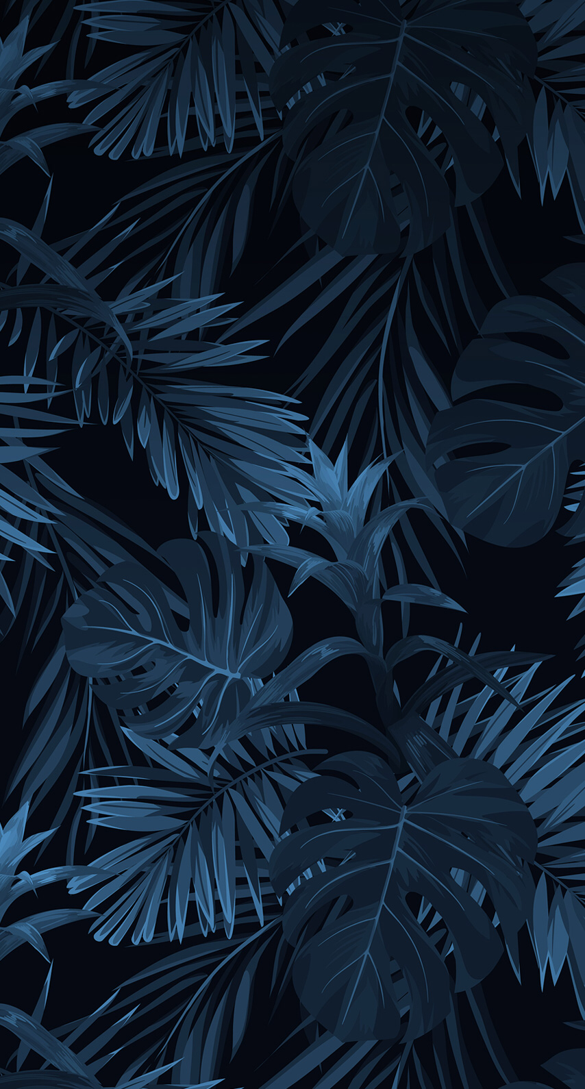 a blue tropical leaf pattern on a black background