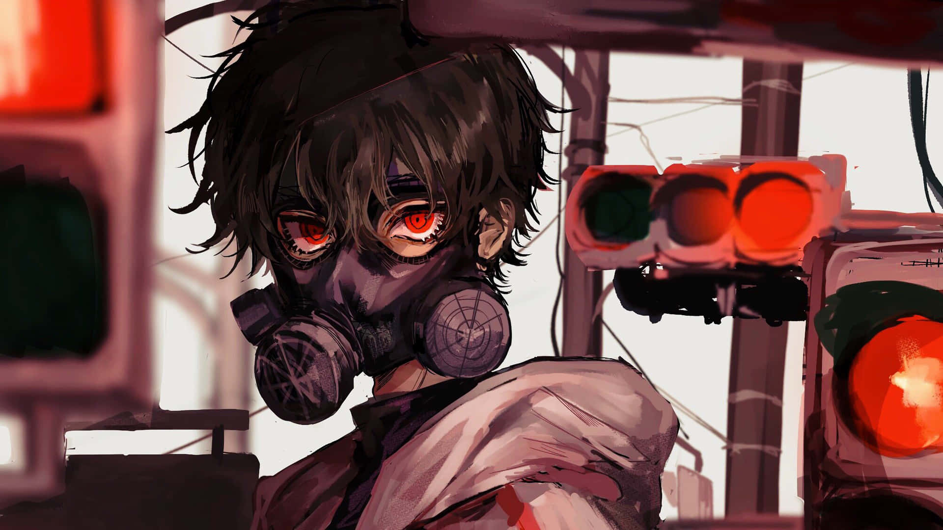 Intense Anime Personage Met Gasmasker Achtergrond