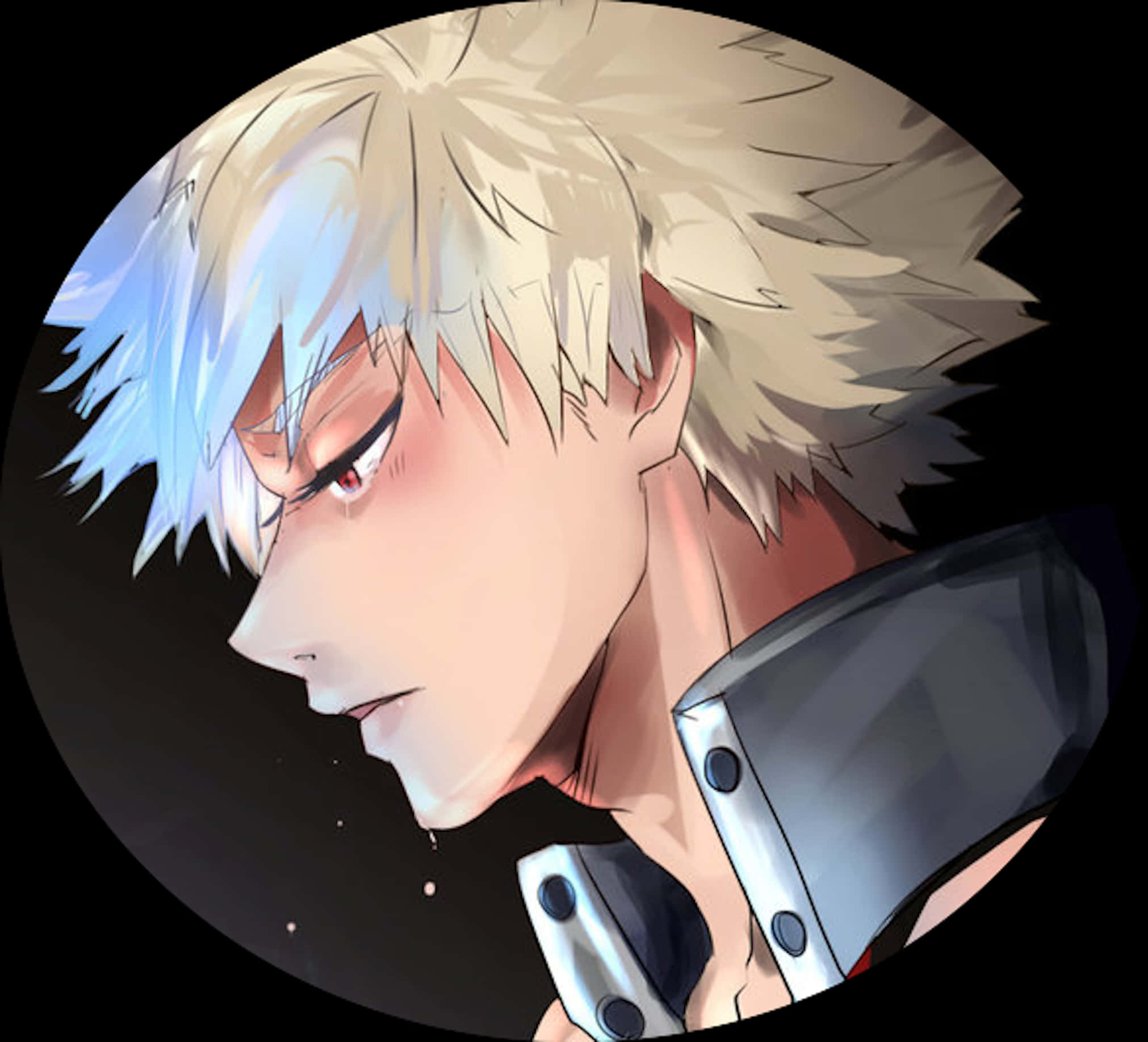 Intense Bakugou Portrait PNG — A circular anime portrait of a young man with spiky blonde hair and red eyes wearing a metallic shoulder guard against a dark starry background.