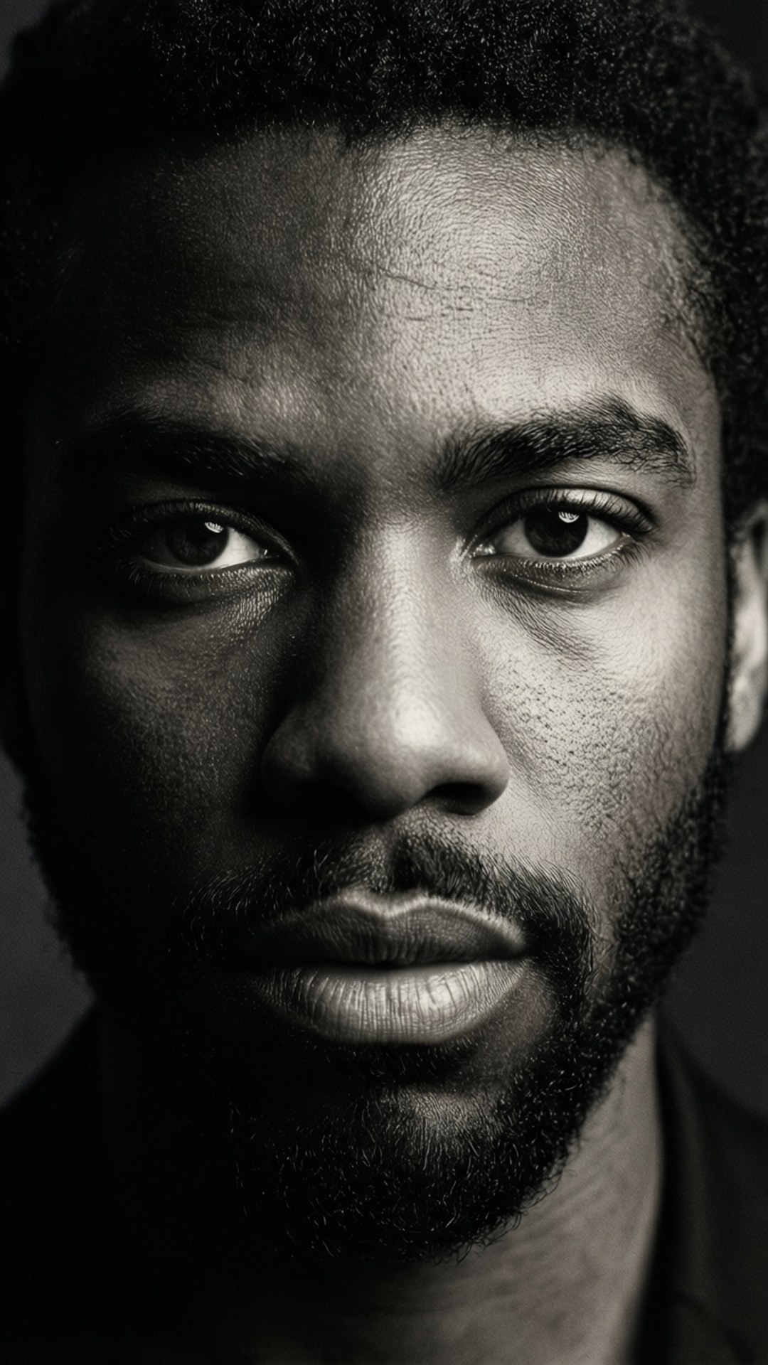 Dramatisk nærbildeportrett av Donald Glover i svart-hvitt