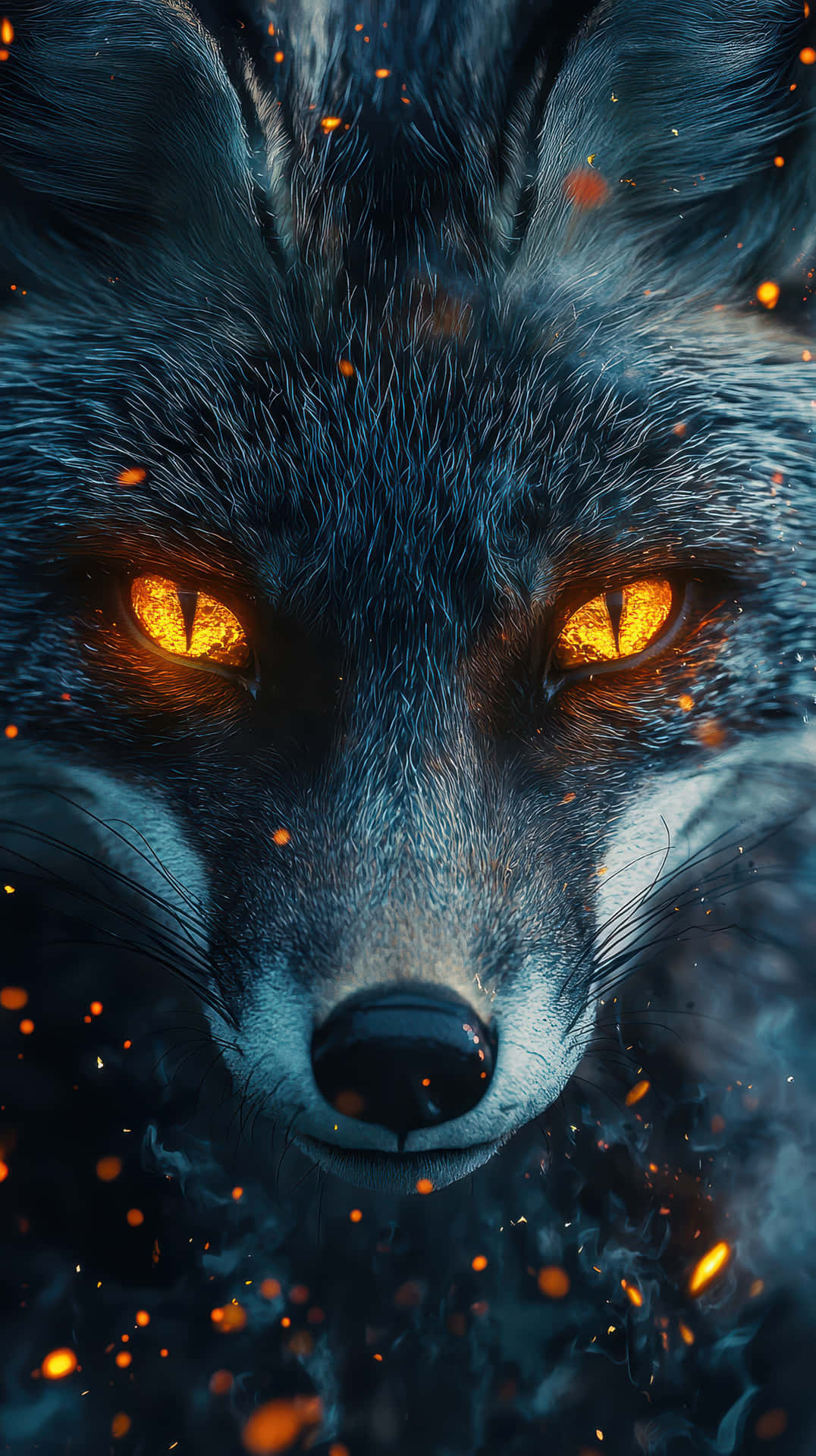 Intense Close-up Of A Mystical Fox With Glowing Fiery Eyes And Floating Embers Wallpaper