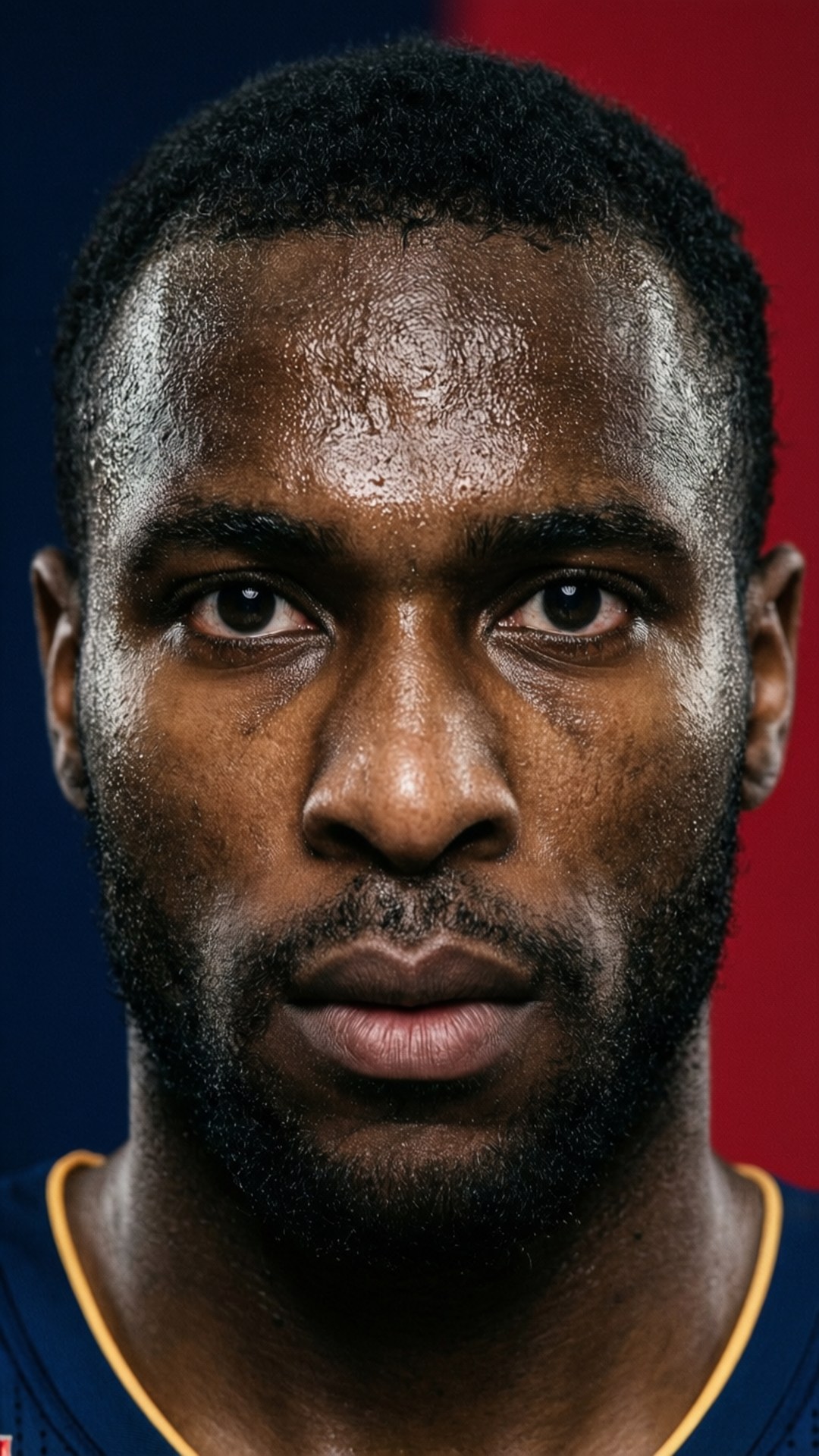 En närbildsporträtt av Bilal Coulibaly med intensiv blick och lagfärger.