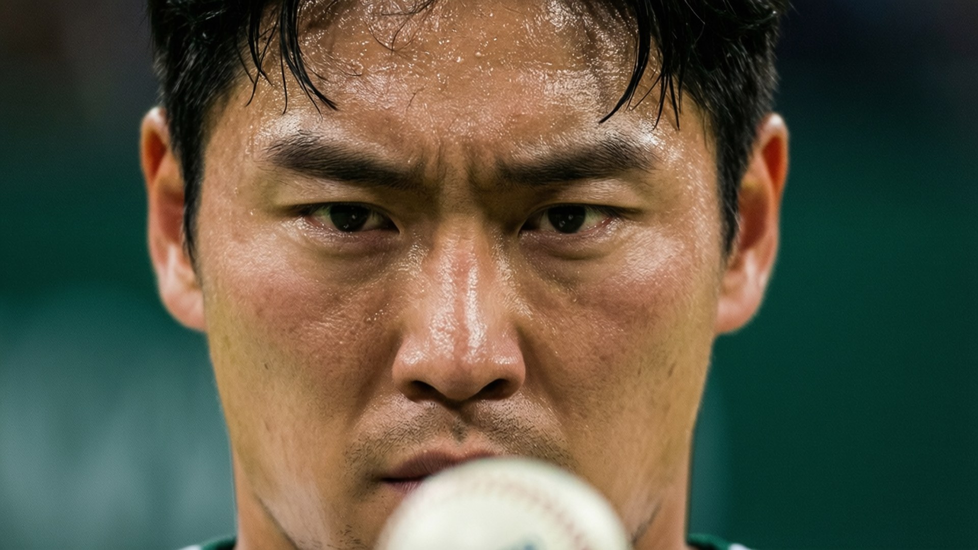 Een close-up van K.J. Choi die extreme concentratie toont voor een slag.