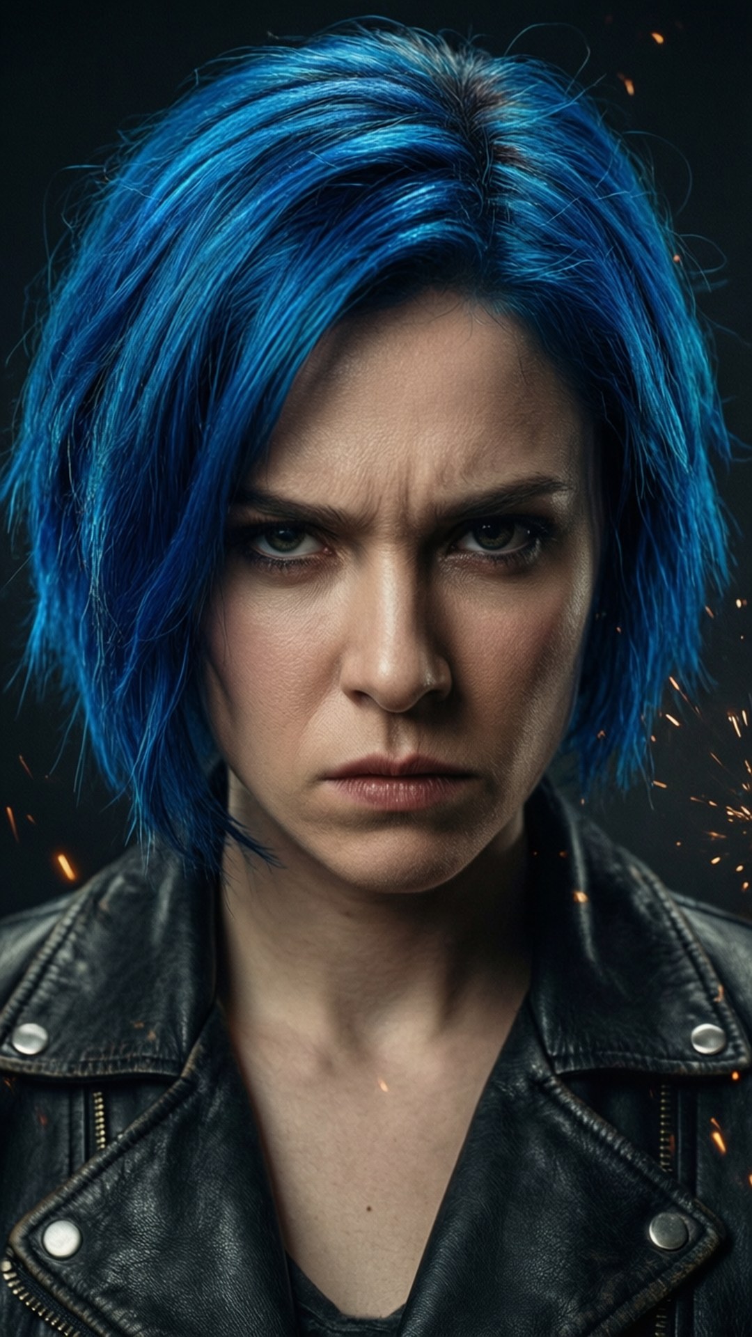Tonks with blue hair, fierce and determined.