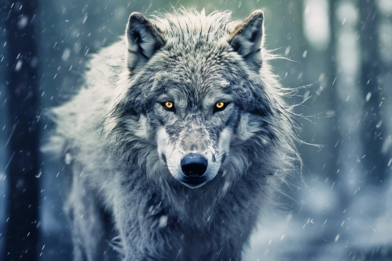 Intense Gaze Wolfin Snowfall Wallpaper
