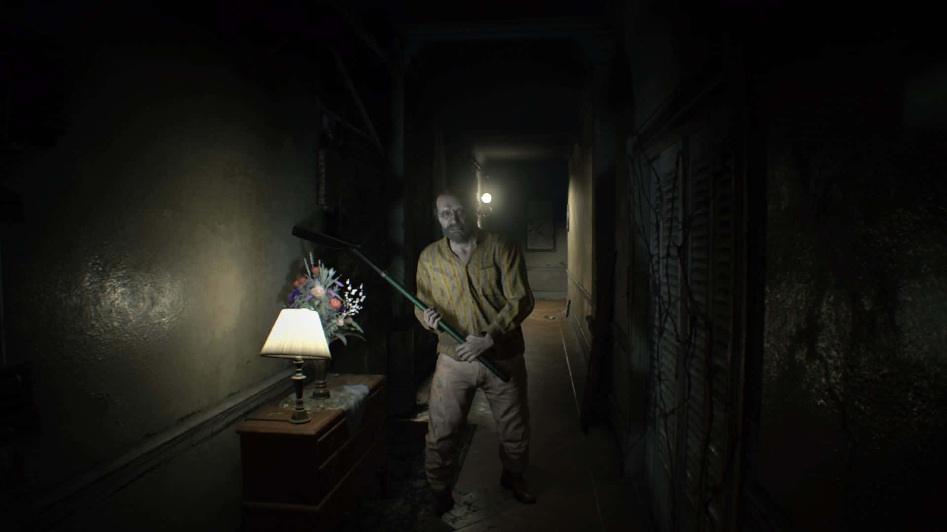 Intense Moment From Resident Evil 7 Game: Character Standing In A Creepy Room With A Pistol Aimed Ahead. Wallpaper
