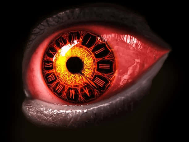 Intense Red Eyewith Clock Design PNG