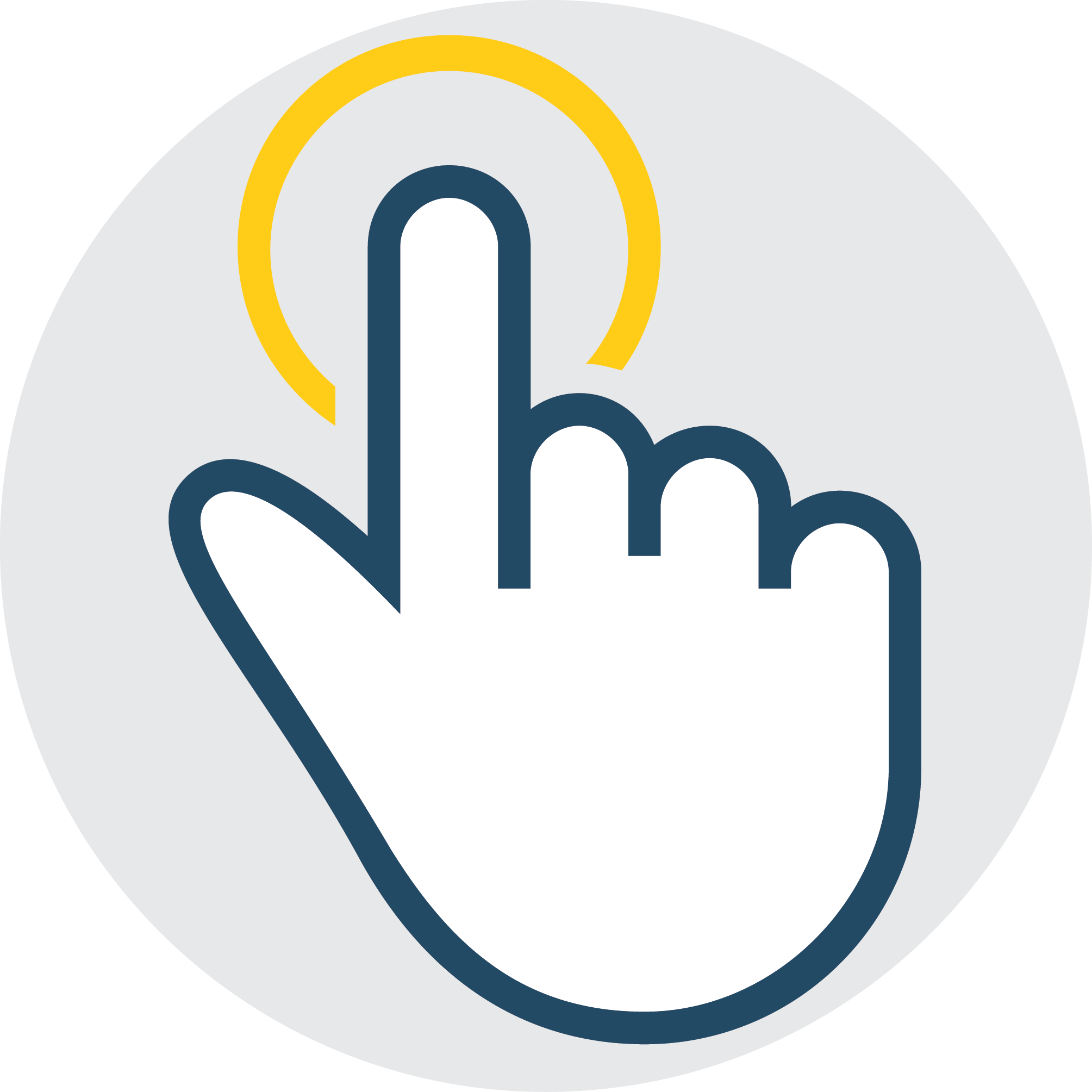 Interactive Click Icon PNG — A minimalist blue outlined hand icon with a yellow curved arrow above its index finger on a light gray circular background.