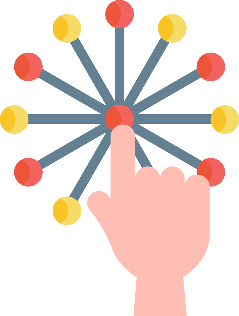Hand touching a red center of a radial diagram with red and yellow nodes.