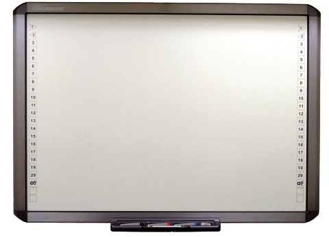 Interactive Digital Whiteboard PNG — A sleek digital whiteboard with a blank surface and numbered grid edges holds a set of markers at its base.