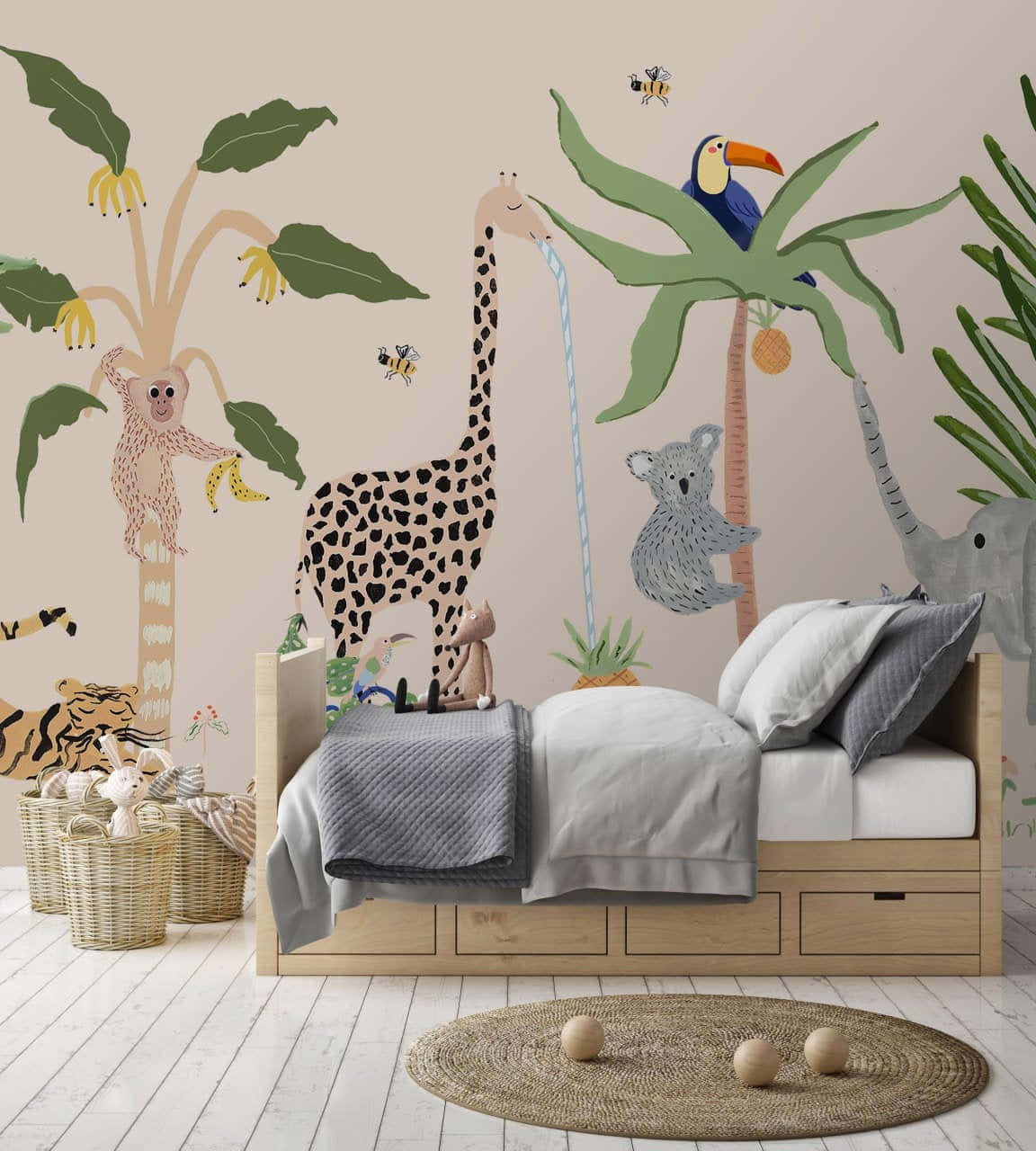 Interior Bedroom Design With Cute Giraffe Wallpaper