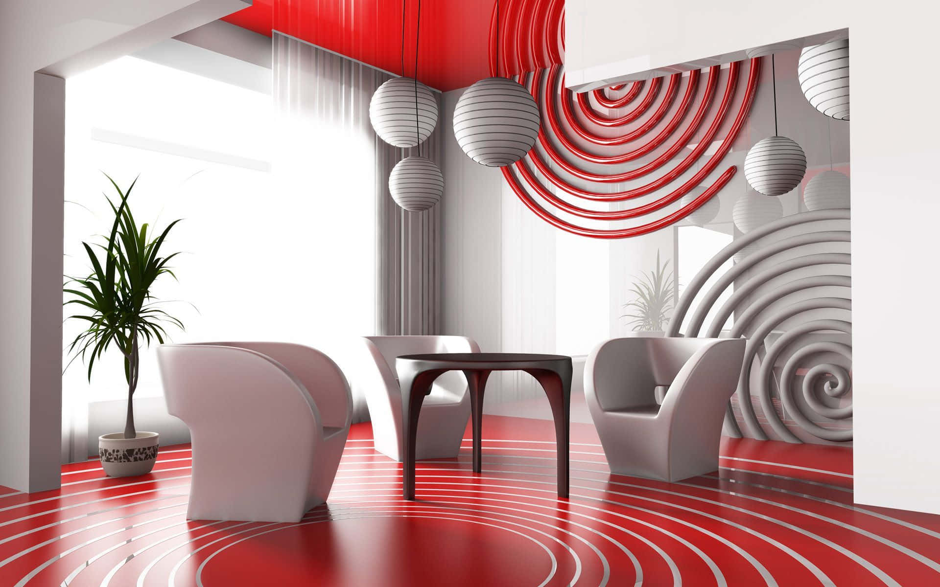 Einweißer Tisch Und Stühle In Einem Raum Mit Rot Und Weiß.