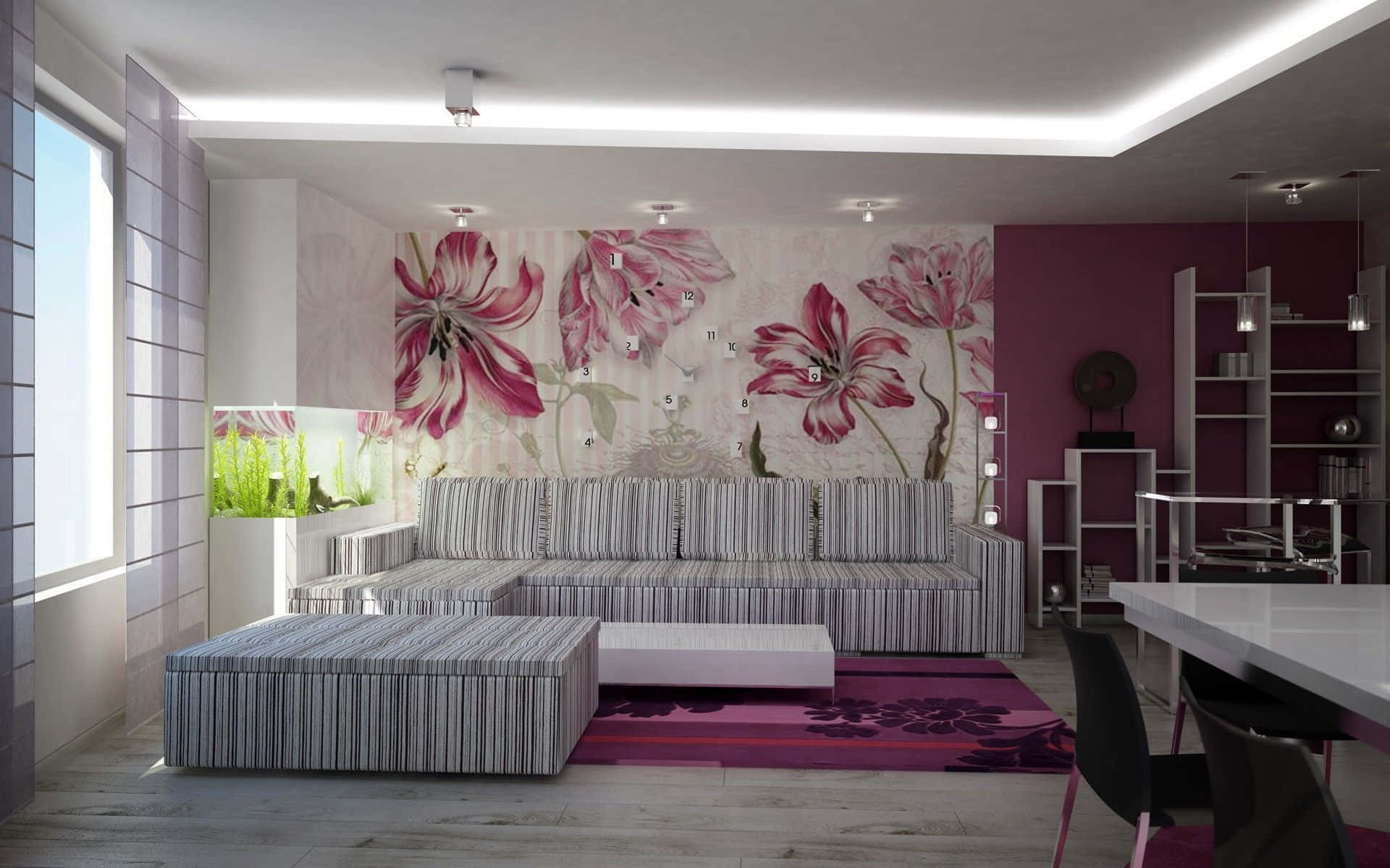 Einwohnzimmer Mit Einem Rosa-weißen Blumenmuster.