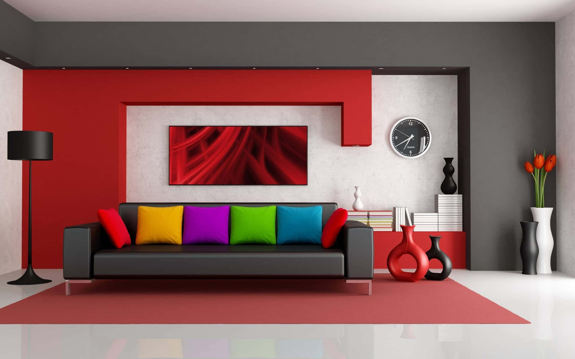 Einwohnzimmer Mit Roten Wänden Und Schwarzen Möbeln