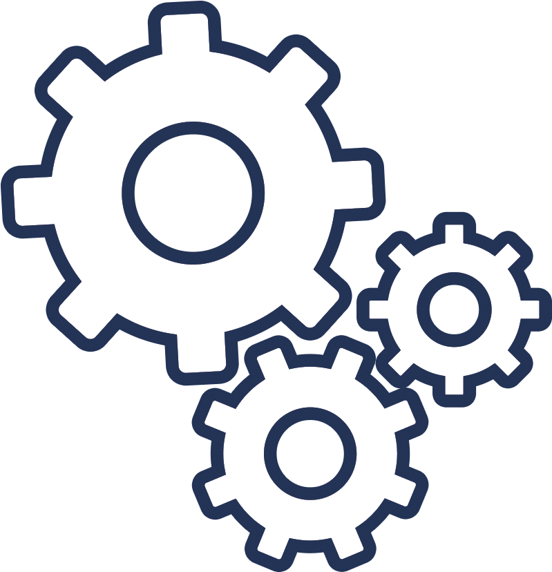 Interlocking Gears Icon PNG — Three navy blue outlined gears interlock against a black background in a minimalist tech design.