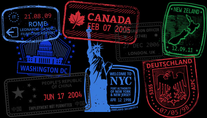 International Passport Stamps Collage PNG