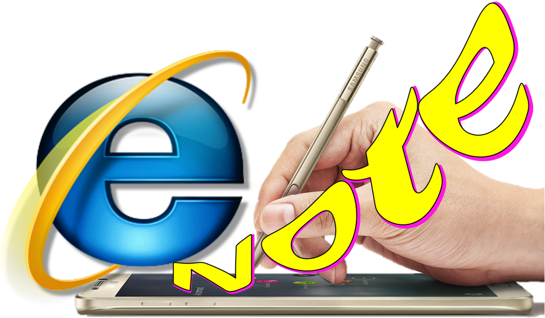 Internet Explorer Note Taking Concept PNG — A hand holds a Samsung stylus writing on a smartphone screen beside a blue glossy eNote logo with yellow swirls.