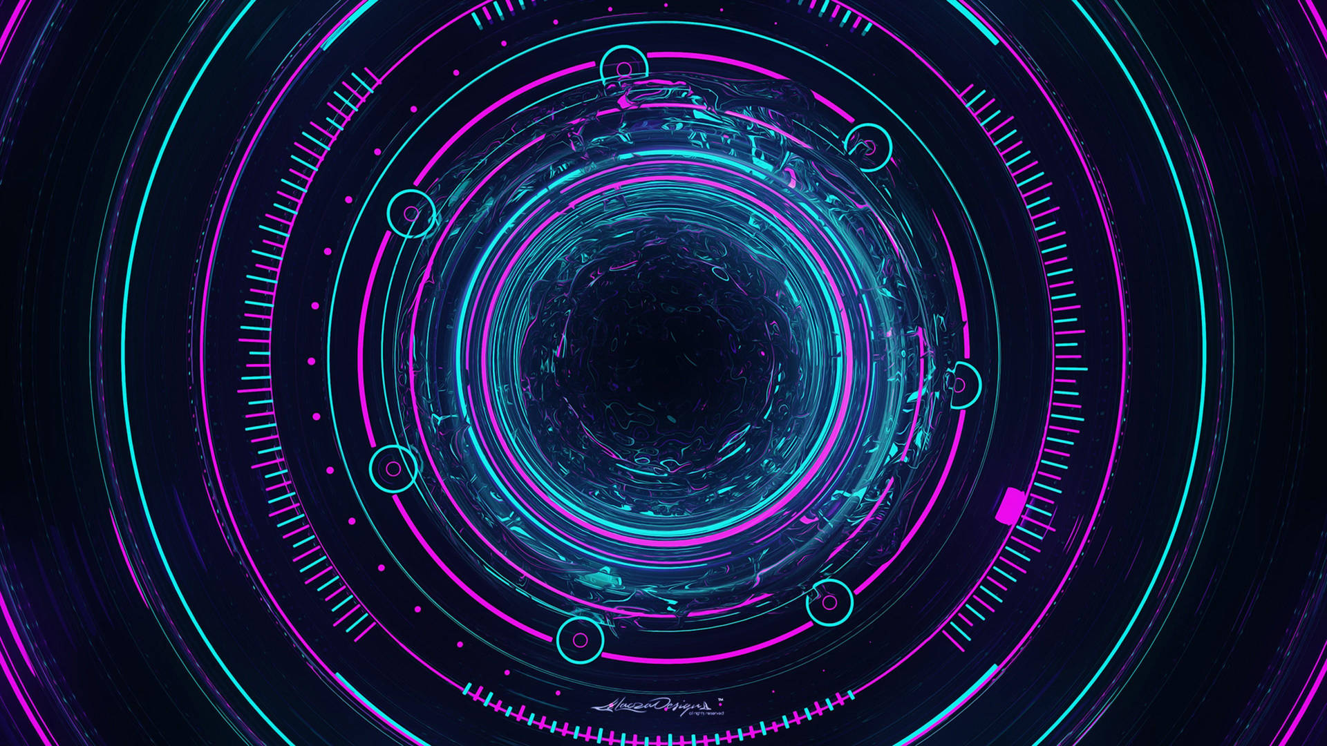 High tech interstellar abstract art with glowing blue and purple circles.