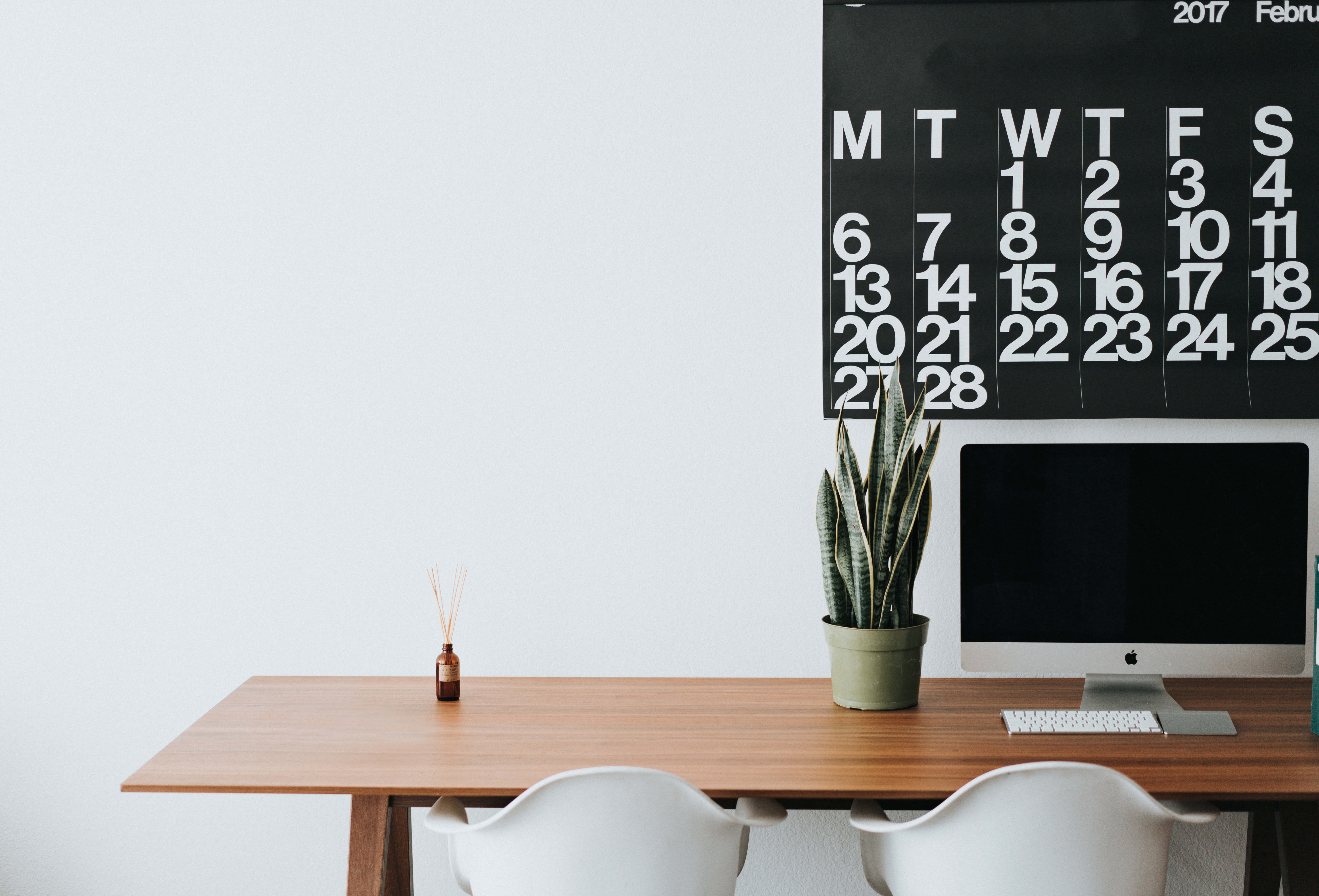 interview Background — Minimalist modern workspace with wooden desk white chairs snake plant and black calendar on plain white wall.